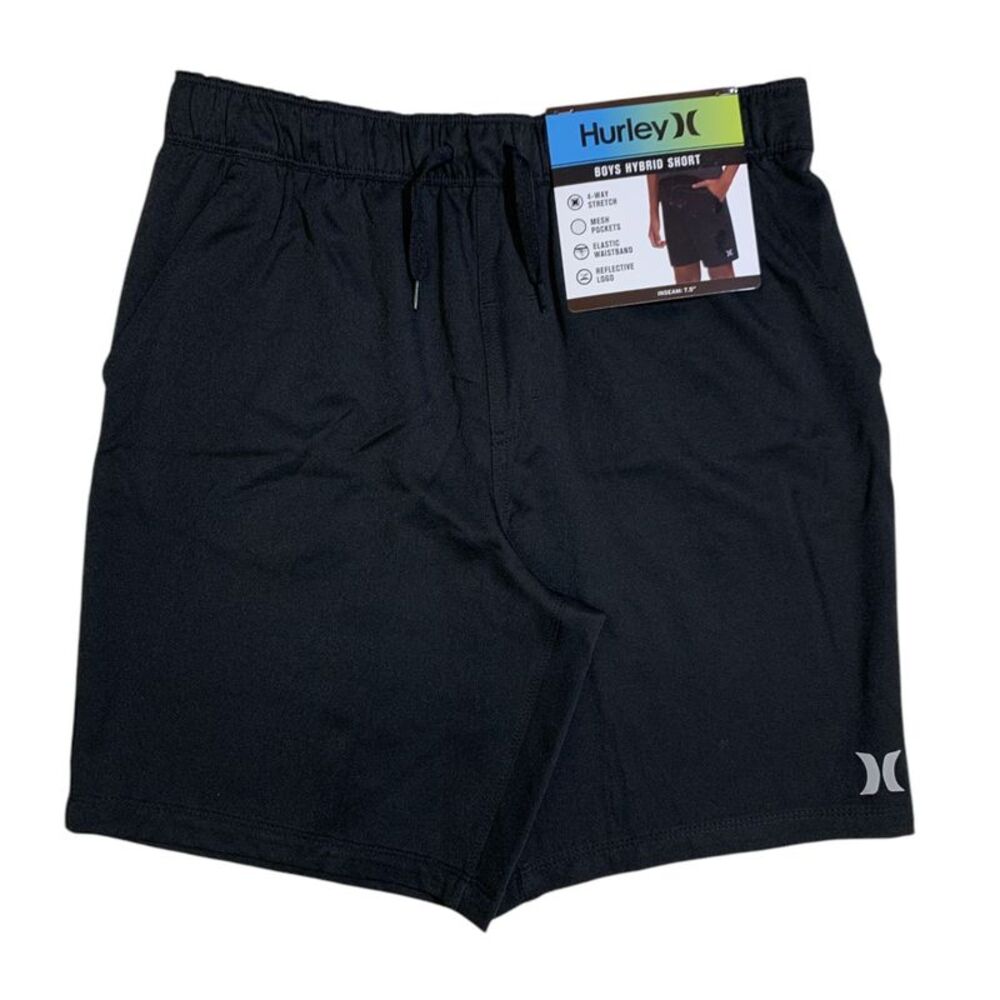 Black - Hurley Boys Hybrid Short, 4-Way Stretch, Elastic Waistband and Reflectiv